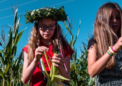 Na zdjęciu dwie dziewczynki w polu kukurydzy. Ta po lewej ma duży wianek na głowie, okulary i czerwoną bluzeczkę. Oddziela liście z kolby. Szatynka po prawej bujne, rozpuszczone włosy i kolorową opaskę na nadgarstku. Za nimi bardzo nasycone błękitne niebo.