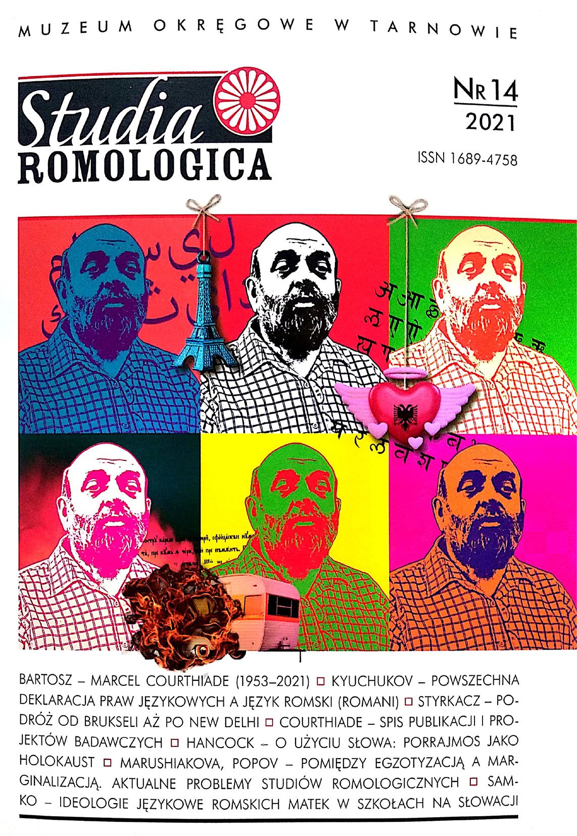 Okładka czasopisma Studia Romologica 12-2021  pzredstawiająca cztery zrasteryzowane na różne kolory obrazy głowy łysego mężczyzny z broda