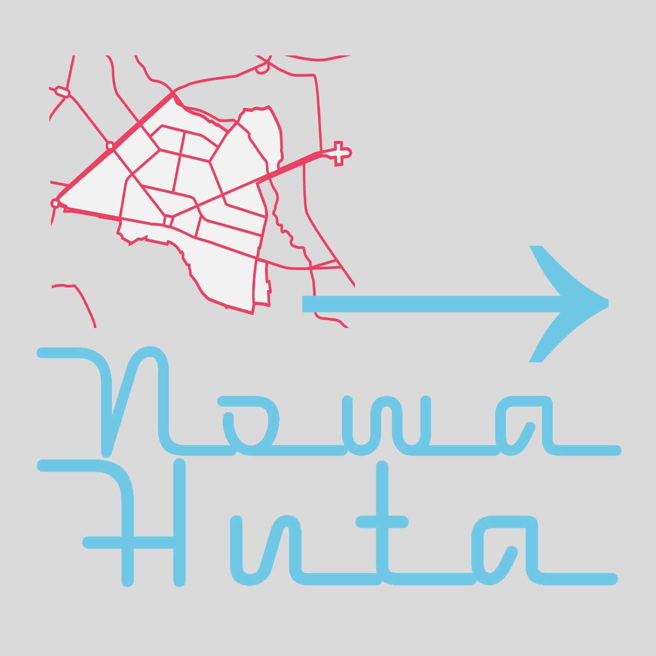 Grafika o szarym tle przedstawiająca niebieski napis Nowa Huta w stylu neonu, zarys mapy dzielnicy w kolorze czerwonym i niebieską strzałkę skierowaną w prawą stronę.
